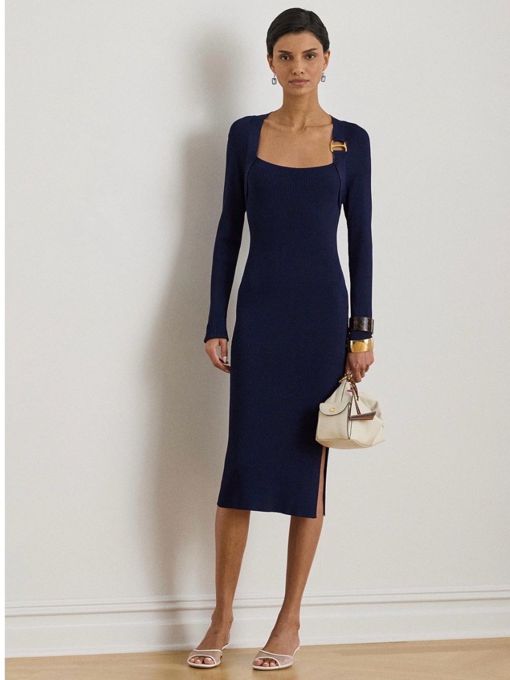 Ralph Lauren Navy Long-Sleeve Ribbed Midi Dress with Square Neck